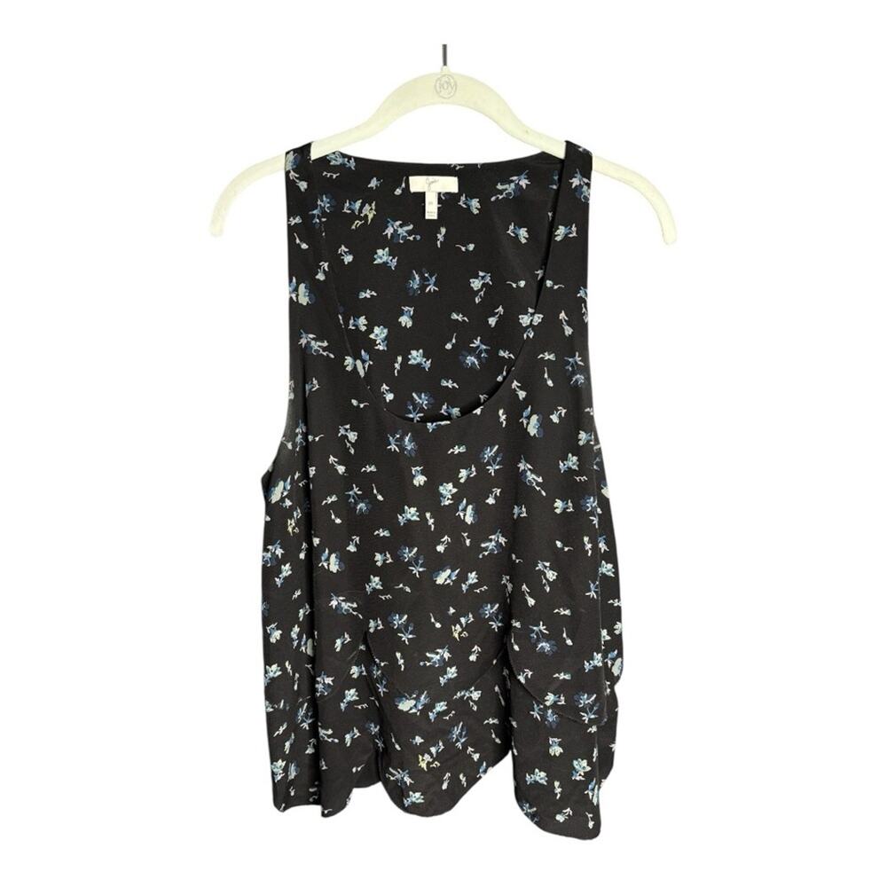 Joie Black Blue Floral Sleeveless Silk Blouse Scalloped Hem Medium